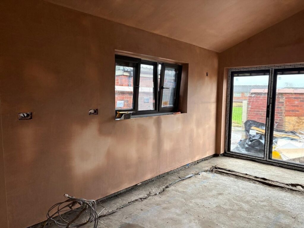 Freshly plastered interior of a house extension